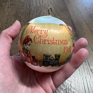 1981 Ball Ornament Spun Satin Elves & Train Merry Christmas & Happy New Year